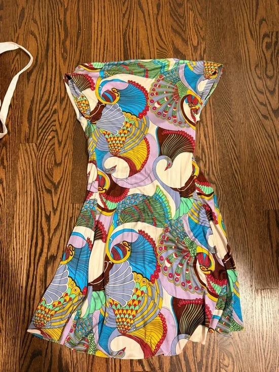 Sky Peacock Colorful Print Crystal Encrusted Bird Belt mini dress Small - Picture 5 of 5